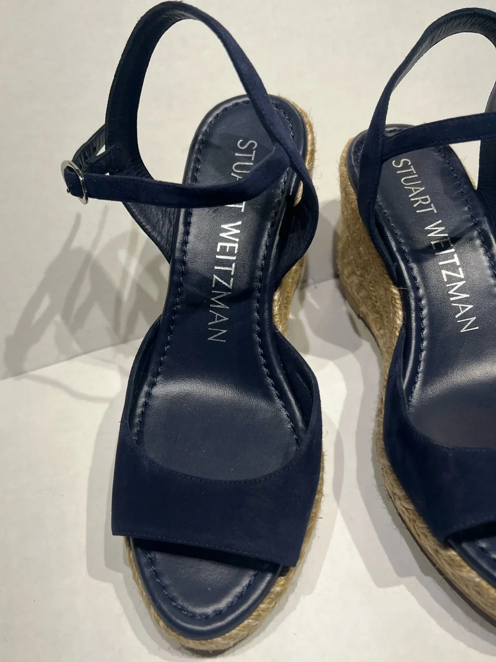 Stuart Weitzman Navy Suede Espadrille Wedge Sandals with Ankle Strap Sz 7 - Picture 2 of 6